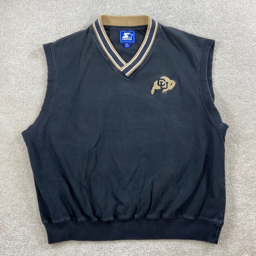 Vtg Starter Colorado Buffaloes Vest Mens XXL‎ Black Cotton V-Neck NCAA Pullover